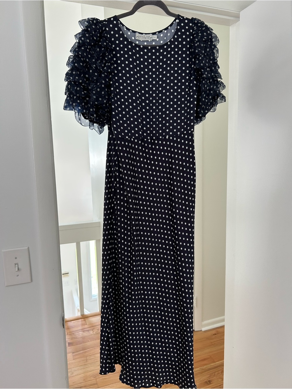 Vineyard Vines Navy and White Polka Dot Ruffle Sleeve Maxi Dress